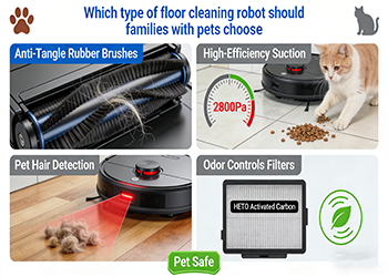 Which type of floor cleaning robot should families with pets choose?