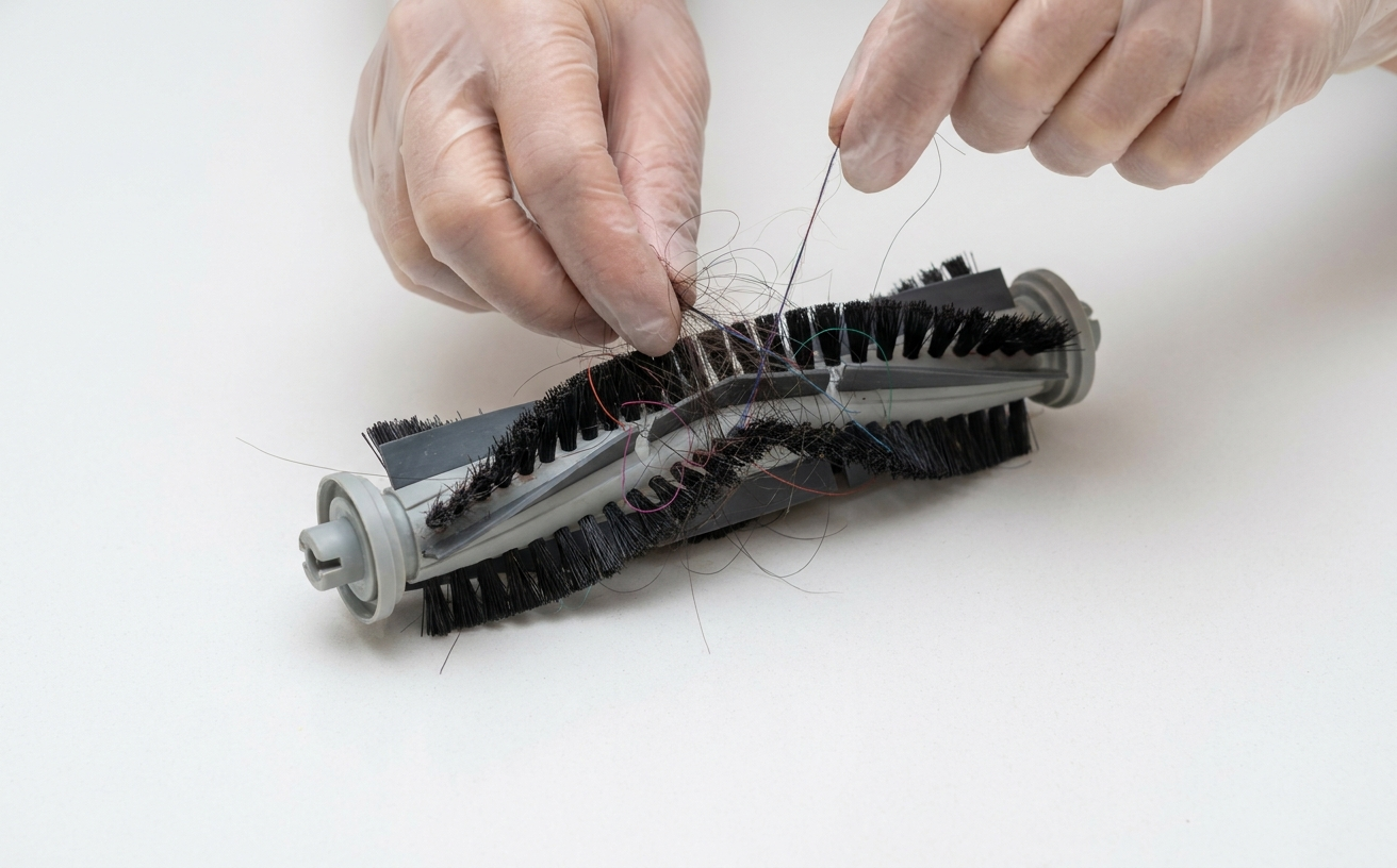 How do tangled brushes affect a robot vacuum's performance?