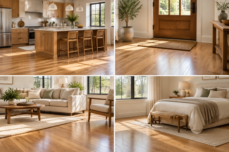 Hardwood floor cleaning needs in kitchens, entryways, living rooms, and bedrooms