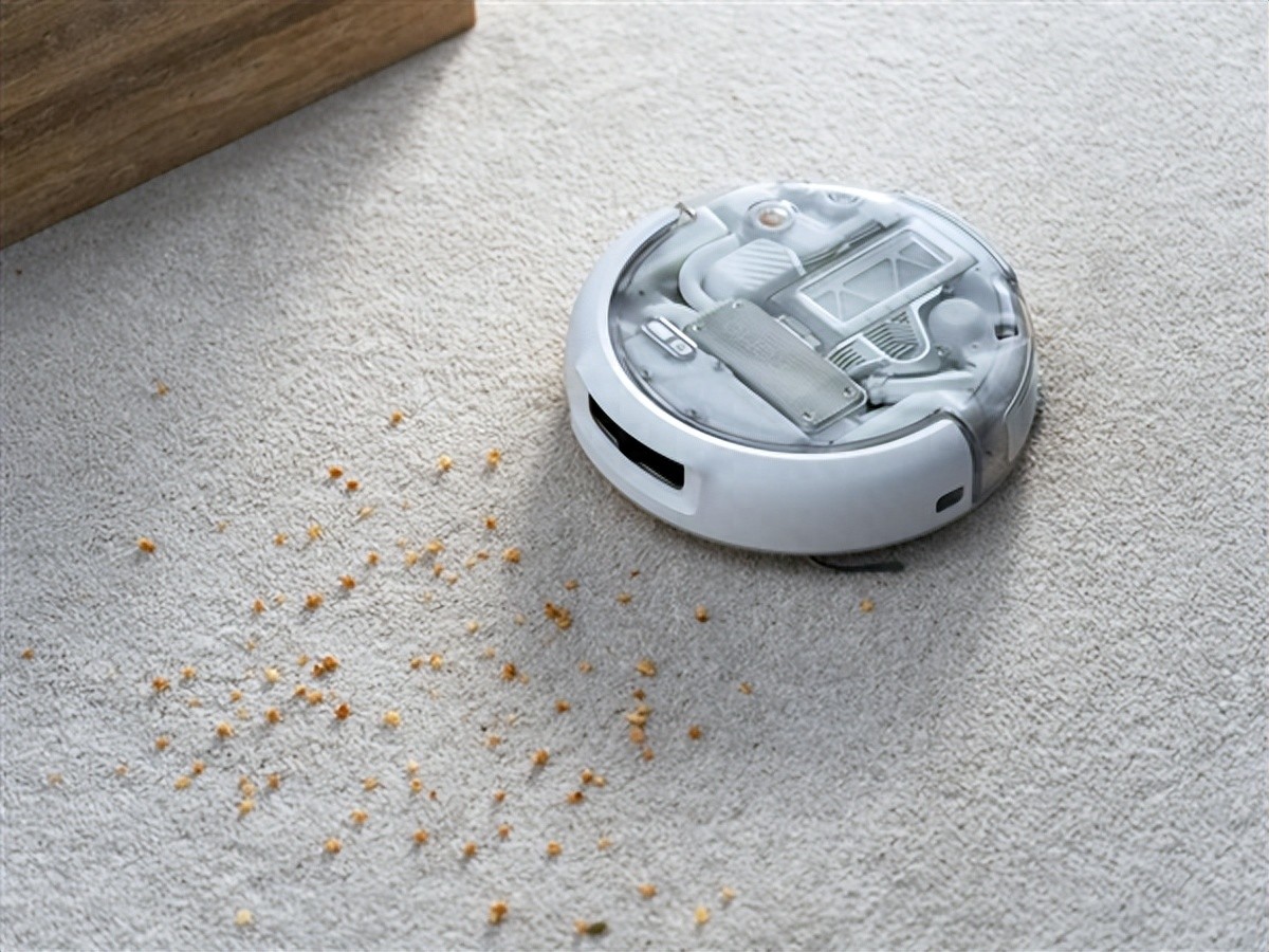 DJI ROMO 2 Sweeping and Mopping Robot &middot; The robot is on the carpet, and there are debris particles around it that need to be cleaned up.jpeg
