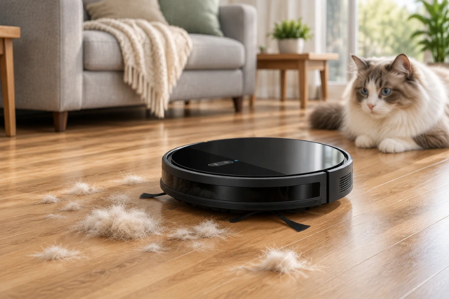 Robot vacuum cleaning pet hair on hardwood and carpet