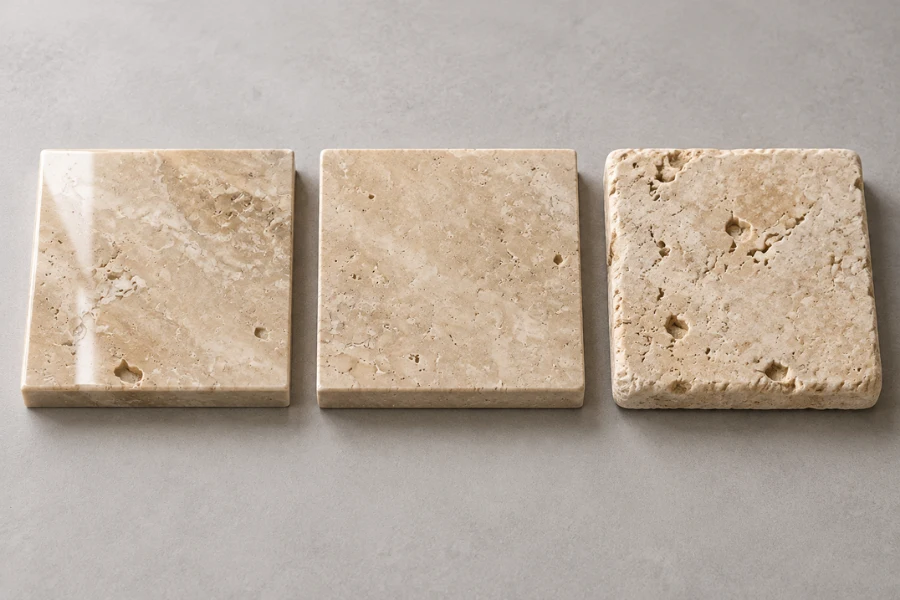 Polished, honed and textured travertine surfaces for floor care comparison
