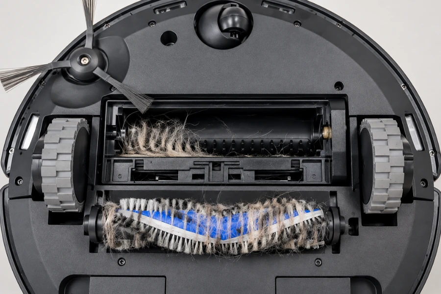 Robot vacuum brush design and pet hair tangling during floor cleaning